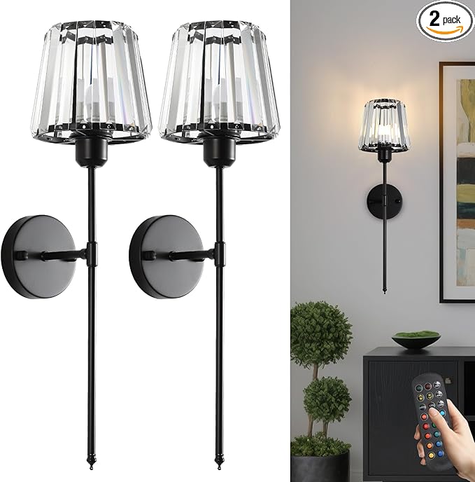 Battery Operated Crystal Wall Sconce Set of 2, Matte Black Wireless Wall Light with Remote Control, LED Dimmable 15 Colors USB Rechargeable Light Bulbs Wall Lamp for Bedroom Living Room Hallway