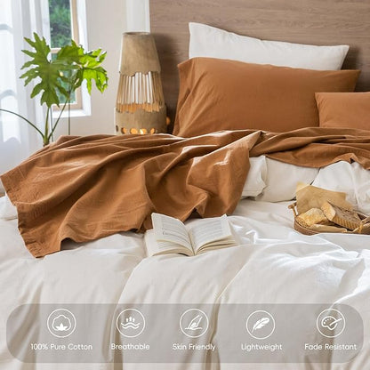 MooMee Bedding Sheet Set 100% Washed Cotton Linen Like Textured Breathable Durable Soft Comfy (Solid Dark Orange, King)