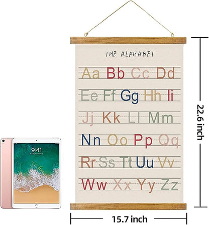 ABoby Vintage Illustrated Alphabet Numbers Chart Posters - Educational Nursery Wall Art for Classroom Homes - Retro Style Painting with Wood Frames - Ready to Hang