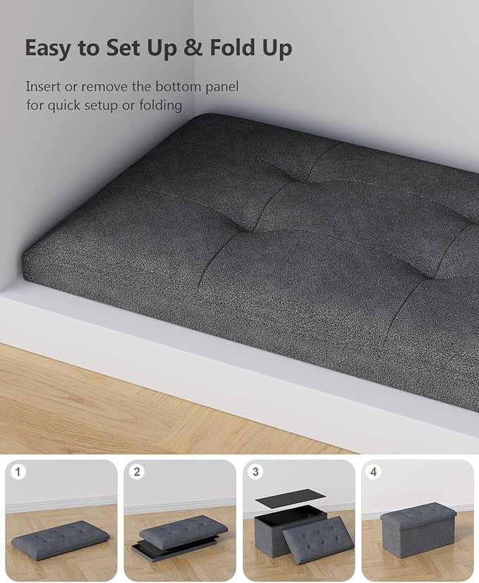 Folding Storage Ottoman Bench, Multi-Functional Ottoman Foot Rest, End of Bed Bench, Storage Chest for Living Room, Bedroom, Hallway, Entryway, Holds Up to 600 lbs (Dark Gray, 30 Inches)