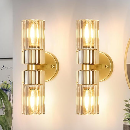 Crystal Wall Sconces Set of Two, 13'' Modern Brass Sconces Lighting with K9 Crystal Lampshade, Indoor Large Brass Wall Light Fixtures for Living Room Bathroom Hallway Stairs Bedroom