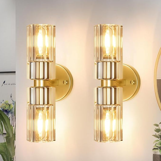 Crystal Wall Sconces Set of Two, 13'' Modern Brass Sconces Lighting with K9 Crystal Lampshade, Indoor Large Brass Wall Light Fixtures for Living Room Bathroom Hallway Stairs Bedroom