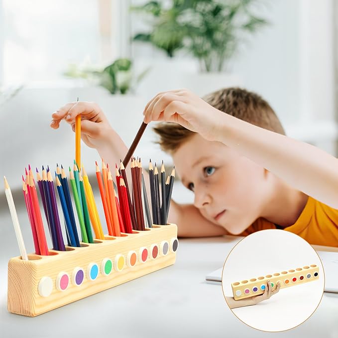 11-Hole Wooden Colored Pencil Organizer - Solid Montessori Storage Holder for Kids, Students, Artists & Teachers