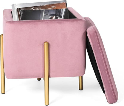 Adeco Upholstered Tufted Square Storage Ottomans, Pink Modern Velvet Footrest Ottomans with Storage for Couch Small