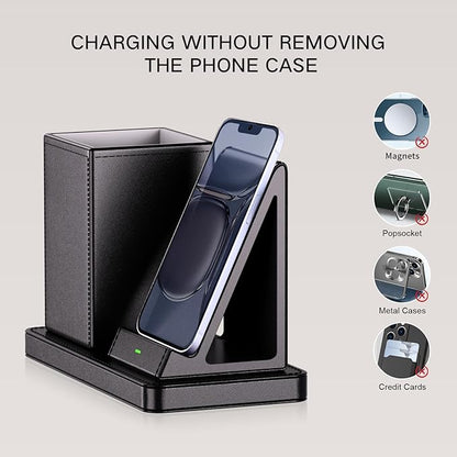 Multi-Functional Pen Holder for Desk,Black Vegan Leather Desk Organizers with Remote Control Holder,Pencil Holder for Desk,Desk Organizer with Phone Wireless Charger for Office/Nightstand/Endtable