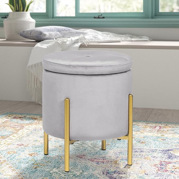 Adeco Upholstered Tufted Round Storage Ottomans, Grey Modern Velvet Footrest Ottomans with Storage for Couch