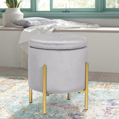 Adeco Upholstered Tufted Round Storage Ottomans, Grey Modern Velvet Footrest Ottomans with Storage for Couch