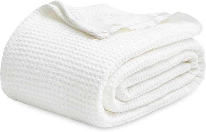 Bedsure Gentlesoft 100% Cotton Blanket King Size for Bed - Breathable and Soft, Thick Cozy Waffle Weave Christmas Blanket Gift for Women, White, 104x90 inches