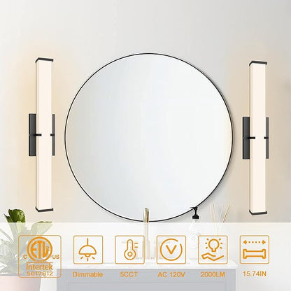 15.74Inch 2000LM Bathroom Light Fixtures 5CCT Optional, Black Modern LED Vanity Lights Clear Shade, Dimmable Bathroom Lighting Fixtures Over Mirror - ETL Listed