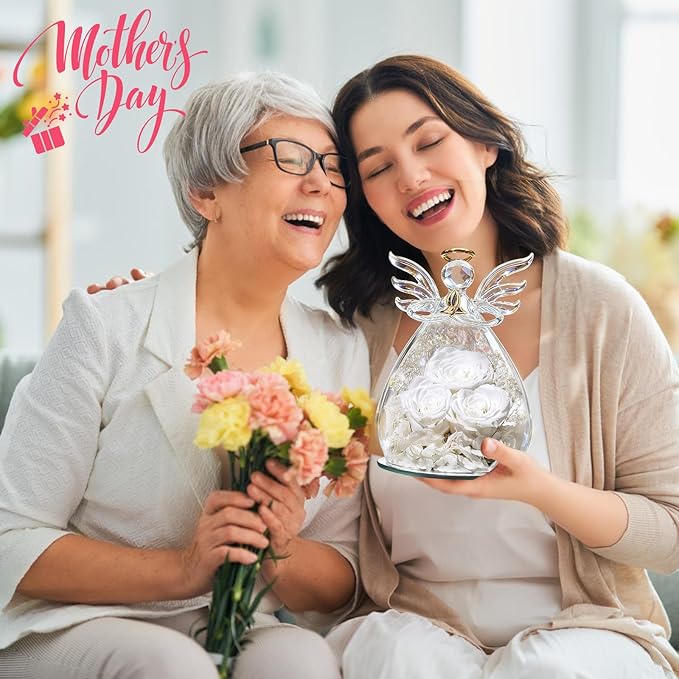 Beferr Valentines Day Rose Gifts for Her Women Mom Gifts for Birthday, Fresh Flowers for Delivery Prime Forever Preserved Rose in Glass Angel Figurine, for Grandma Wife Kids Daughter