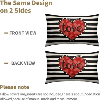 Valentines Day Pillow Covers 12x20 Set of 2 Black Red Heart Throw Pillow Covers Striped Love Pillowcase Linen Decoration Farmhouse Holiday Cozy Soft Cushion Case Couch for Indoor Outdoor Home Decor