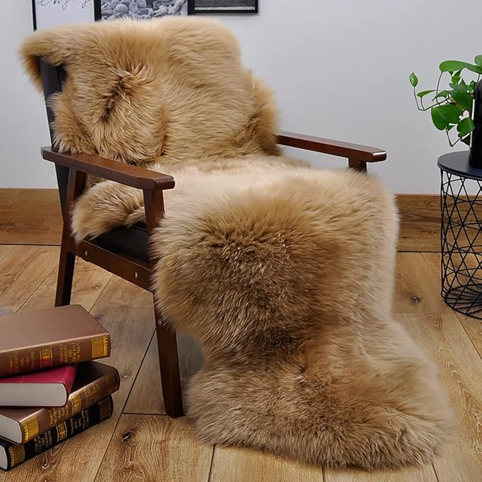 HUAHOO Premium Genuine Sheepskin Rug Mocha Real Australia Sheepskin Natural Luxury Fluffy Lambskin Fur Area Rug Seat Covers for Kids Bedroom Sofa Chair Cover Pets Dogs Mat Double Pelt/2' x 6' Mocha
