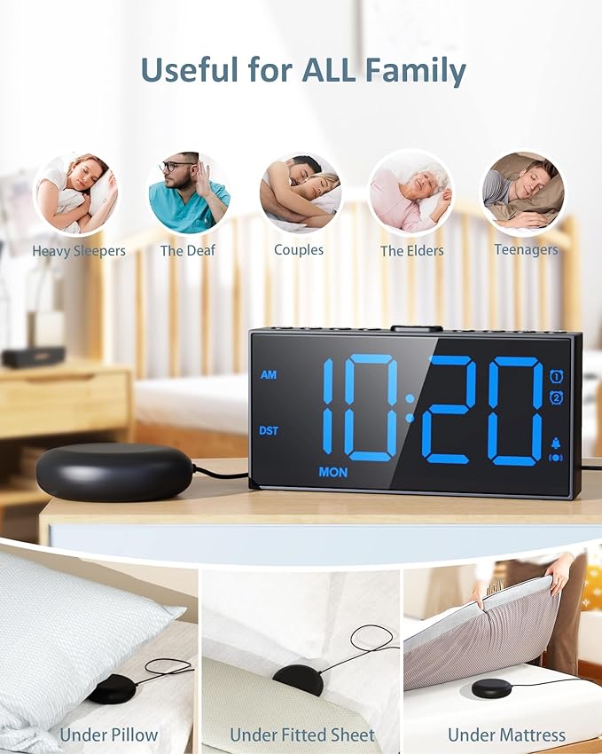 Loud Alarm Clock for Heavy Sleepers Adults,Bed Shaker Alarm Clock with 2 Alarms for Everyday/Weekday/Weekend,Dimmer,Snooze,USB Charging Port,12/24H DST,Vibrating Clock for Hard of Hearing/Teens