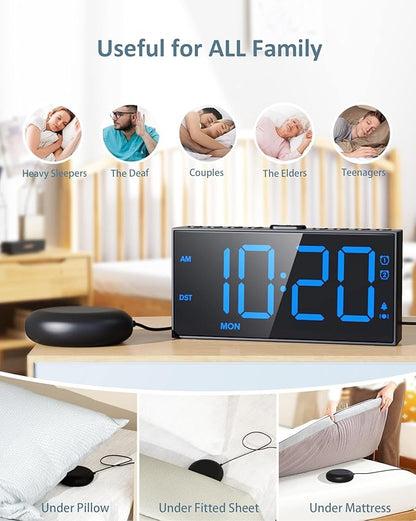 Loud Alarm Clock for Heavy Sleepers Adults,Bed Shaker Alarm Clock with 2 Alarms for Everyday/Weekday/Weekend,Dimmer,Snooze,USB Charging Port,12/24H DST,Vibrating Clock for Hard of Hearing/Teens