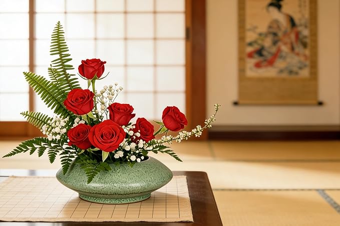 Ceramic Flower Pot Flower Arrangement Set Japanese Ikebana Floral Art Supplies Handmade Flower Bowl Decorative Flower Vase for Centerpieces (Small Green)