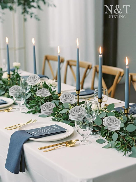 N&T NIETING Artificial Flowers, 25pcs Fake Flowers Roses with Stem for DIY Wedding Bouquets Centerpieces Bridal Shower Party Home Decoration, Silver White