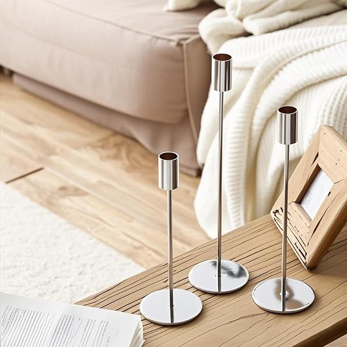 Set of 12 Silver Taper Candle Holders, Tall Candle Holder, Metal Silver Candlestick Holders, Fits 3/4 inch Thick Candle&Led Candles, for Table Centerpiece, Wedding, Dinning, Party Home Decor