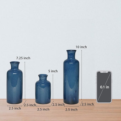 Ceramic Vase Set Home Decor - 3Pcs Modern Rustic Boho Geometric Blue Flowers Vase Decoration, Shelf Decor, Farmhouse Living Room Decoration, Decorative Gift Cynkeyee