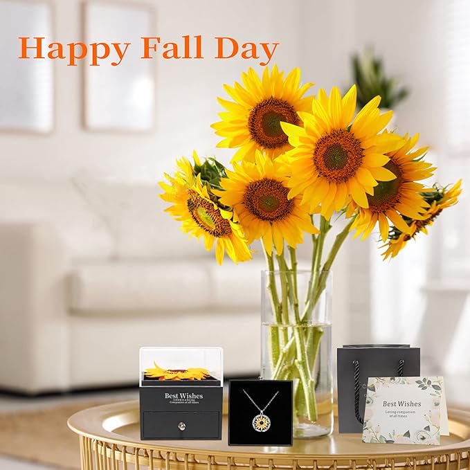 Sunflower Gifts for Women Artificial Sunflowers Gift for Her Mom Wife with Necklace in 100 Texts I Love You on Mother's Day Birthday Christmas Gifts Sunflower Decor