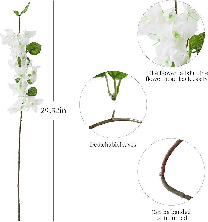 10PCS Bougainvillea Artificial Flowers 30" Silk Fake Bougainvillea Branches Faux Flowers Vines for Home，Garden，Wedding，Party，Indoor and Outdoor，Floral Arrangement and DIY Decor（White）