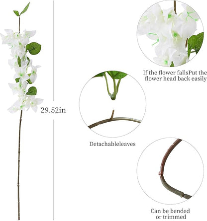 10PCS Bougainvillea Artificial Flowers 30" Silk Fake Bougainvillea Branches Faux Flowers Vines for Home，Garden，Wedding，Party，Indoor and Outdoor，Floral Arrangement and DIY Decor（White）