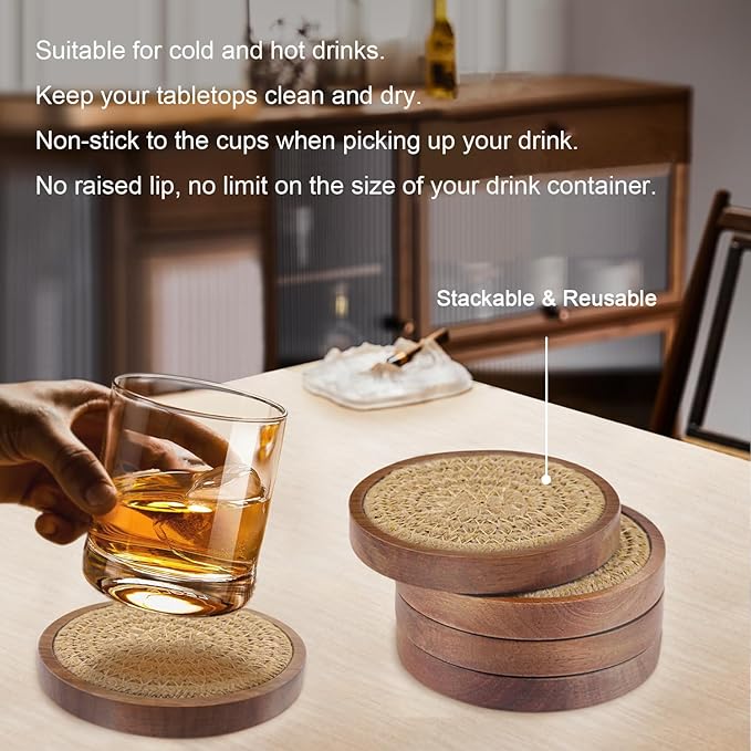 Wood Coasters for Drinks, Eykao Absorbent Coaster Sets of 5, Woven Drink Coasters for Coffee Table, Housewarming Gift for Farmhouse Home Decor,4 inches