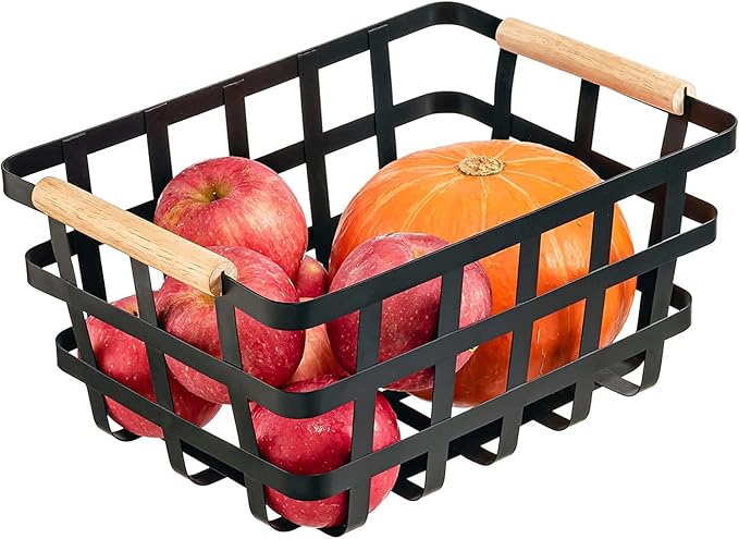 Farmhouse Baskets Wire Metal Baskets Storage Organizer Fruit Bin with Wood Handles for Pantry Cabinets Rustic Kitchen Counter Closet2 Pack - Black