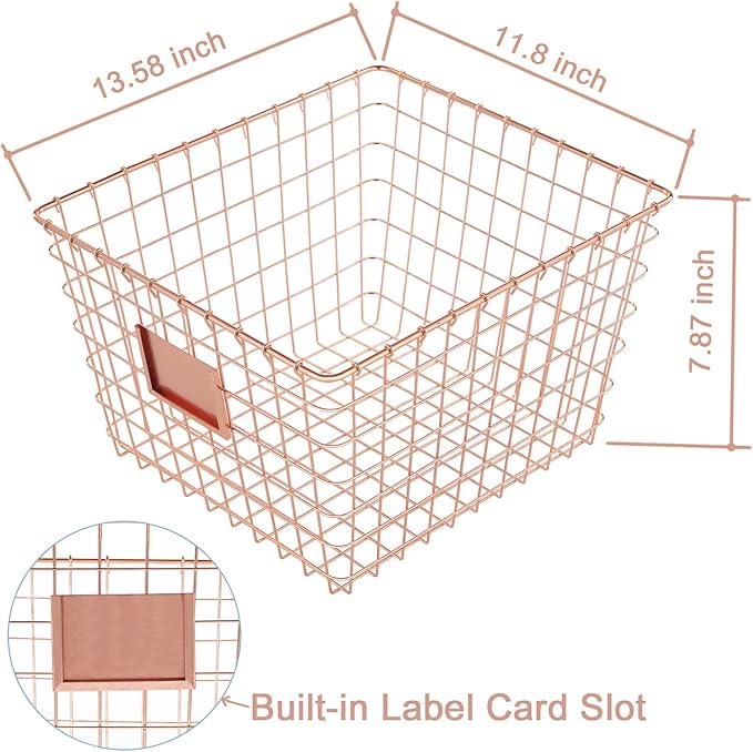 4 Pack【Extra Large】 Wire Handmade Storage Basket for Organizing Household Goods,Pantry Organization,Bathroom countertop,Laundry,Wardrobe Storage Basket,Rose Gold