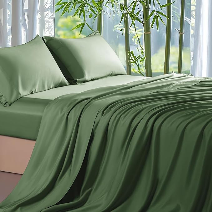 Shilucheng 100% Viscose Derived from Bamboo_ Sheets Full Size 4pcs - Ultra Cooling & Silky Soft Bed Sheets, 16" Deep Pocket, Perfect for Hot Sleepers, Hotel Bedding Sheets (Olive)