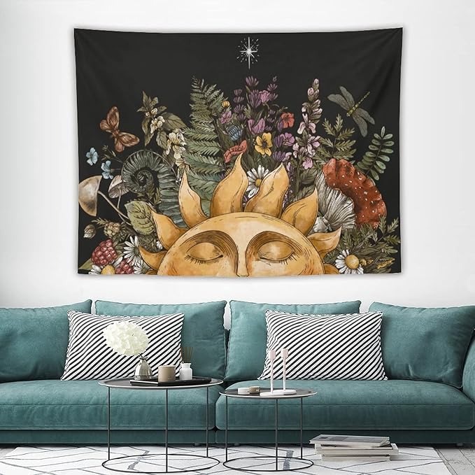 Vintage Sun Tapestry Wall Hanging,Hippie Boho Mushroom Floral Plant Tapestries for College Dorm Living Room Bedroom Decor(60"x80")