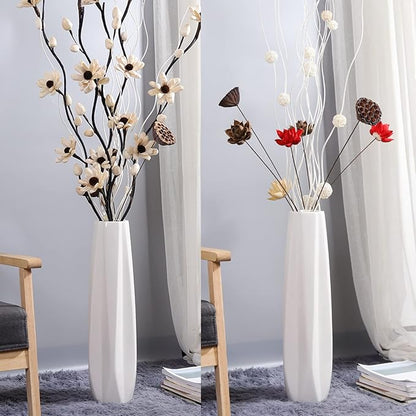 White Ceramic Floor Vase 28" – Origami Farmhouse Porcelain Tall Vase for Living Room & Office