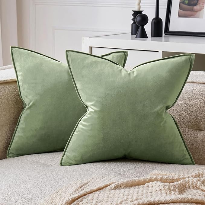 MIULEE Pack of 2 Sage Green Decorative Velvet Throw Pillow Covers Soft Pillowcases Spring Solid Square Cushion Case for Sofa Bedroom Car 20x20 Inch