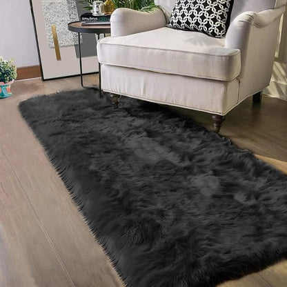 Latepis 2x8 Runner Black Faux Sheepskin Fur Rug Washable Shag Fluffy Rugs for Bedroom for Home Decor Rectangle