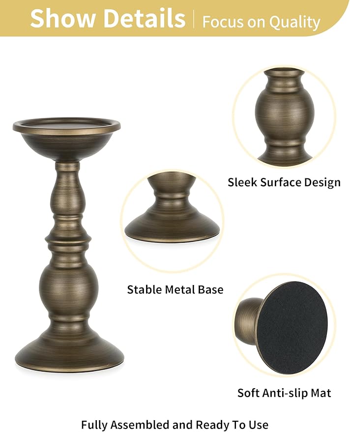 2 Pcs Bronze Iron Pillar Candle Holders, Most Ideal for 3" Pillar Candle, Gifts for Wedding, Party, Home, Spa, Reiki, Votive Candle (2 x S)