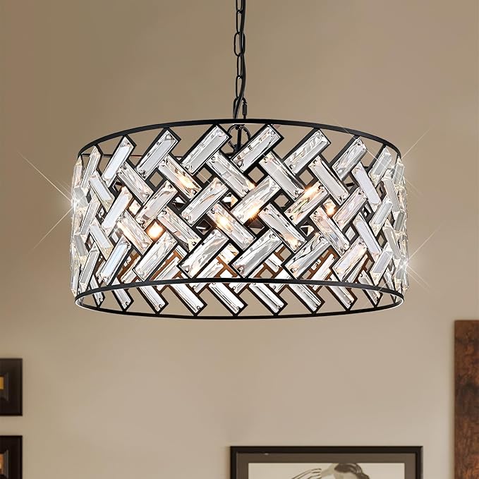 Black Crystal Chandelier, 18" Large Drum Ceiling Light, Modern 6-Light Crystal Pendant Lighting, Convertible Semi Flush Mount Hanging Fixture for Dining Room, Living Room, Bedroom, Kitchen, Hallway