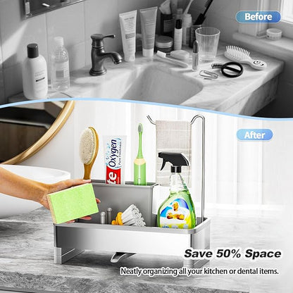 Stainless Steel Sink Caddy, Sponge Holder for Kitchen Sink with Brush Holder & Dishcloth Rack, Rustproof Sink Organizer Countertop, Kitchen Organizers Storage Essentials (F-Gray)