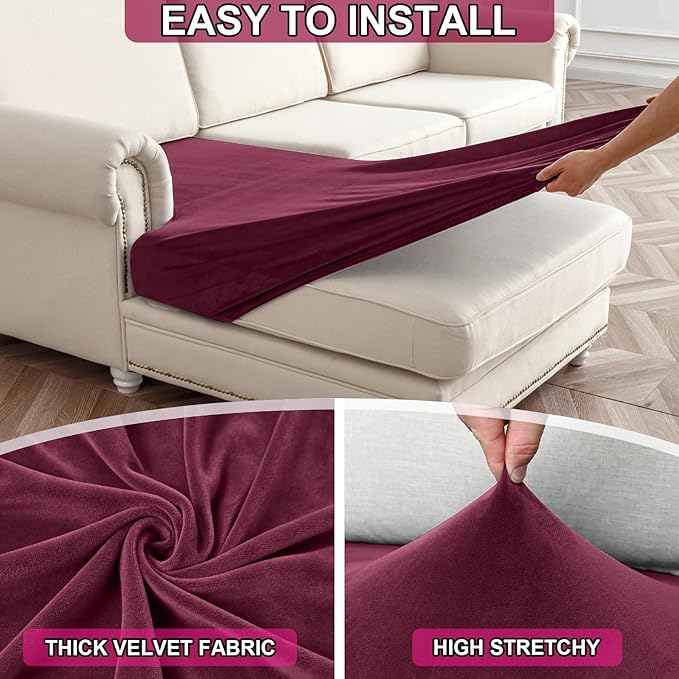 NAISI Waterproof Couch Cushion Covers Thick Velvet Fabric Washable Sofa Slipcovers 2 Pieces Individual Sectional Couch Covers with Elastic Bottom(2 Pcs for 2-Seat or Backrest, Burgundy)