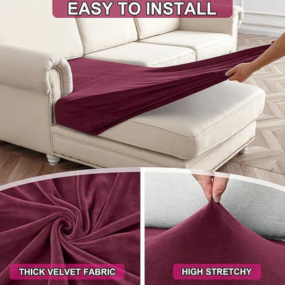 NAISI Waterproof Couch Cushion Covers Thick Velvet Fabric Washable Sofa Slipcovers 2 Pieces Individual Sectional Couch Covers with Elastic Bottom(2 Pcs for 2-Seat or Backrest, Burgundy)