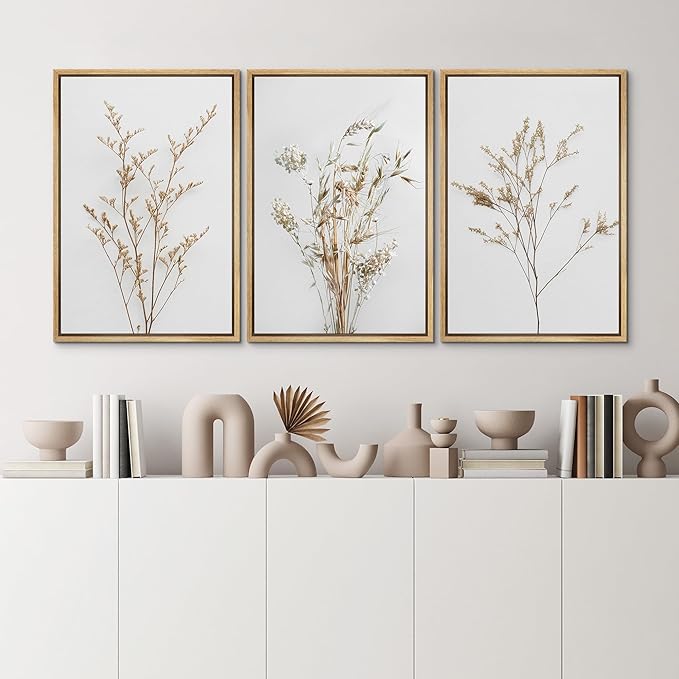 MUDECOR Framed Canvas Print Wall Art Wildflower Floral Botanical Prints Minimalist Wall Art Modern Farmhouse for Bedroom - 16"x24"x3 Natural