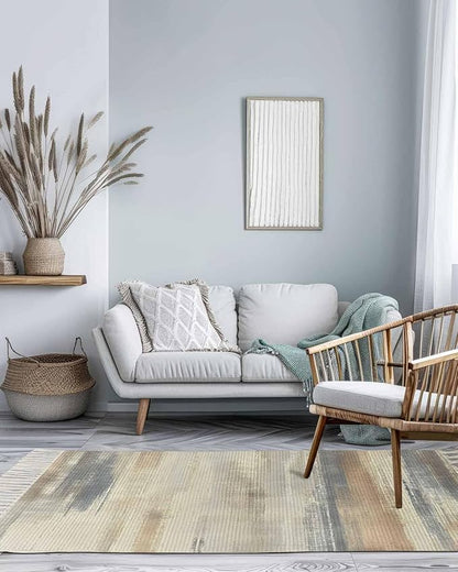 Beige Gray Brown Runner Rug 3X5 Ft Bedroom Area Rug, Washable Woven Abstract Ombre Art Throw Carpet with Tassel, Non-Shedding Vintage Minimalist Gradient Aesthetic Dining Room Living Room Carpets