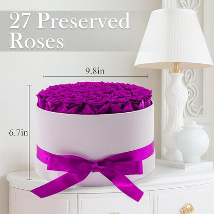 27 Forever Roses in Luxury White Box, Eternal Real Roses Birthday Gifts for Women, Preserved Flowers for Delivery Prime, Anniversary, Valentine's Day, Mothers Day for Mom (Purple)