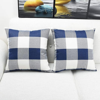 Artaimee Dark Blue & White Buffalo Check Plaid Throw Pillow Covers – 18 x 18 Inches, Pack of 2 – Soft Cotton Linen Cushion Case for Sofa, Couch, Bed, and Home Décor