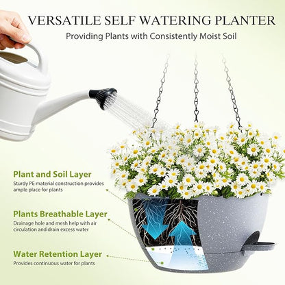 12 Inch Hanging Baskets 2 PC with Chains, Self-Watering Hanging Planters for Indoor Outdoor Plants, Plastic Hanging Flower Pots,Speckled Grey