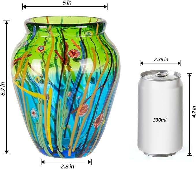 Glass Vases for Flower, Unique Hand Blown Green Glass Vase, Modern Art Decorative for Home Living Room, Office, Table centerpieces, Bookshelves and Wedding Decorations (JG31)