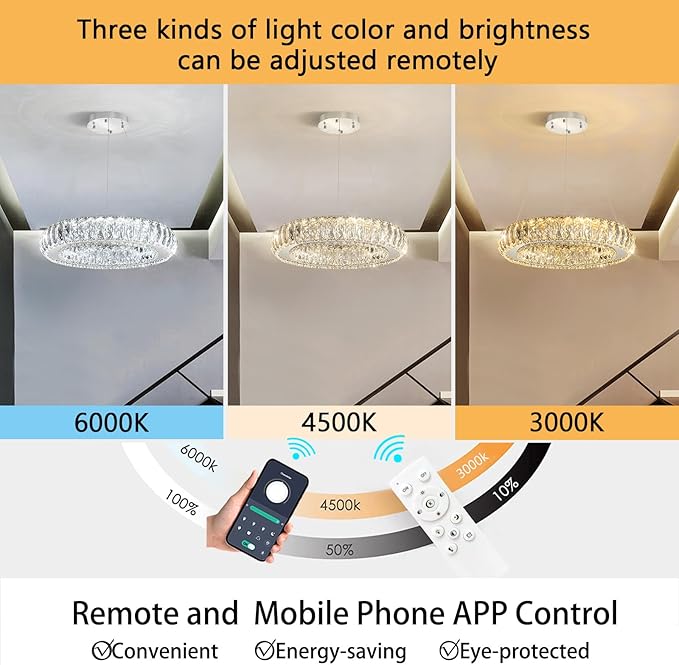 Modern Chandelier Crystal LED Dimmable Ring Pendant Lights Adjustable Hanging Lighting Chandeliers Fixtures for Dining Room Bedroom Kitchen Island Table Silver Light