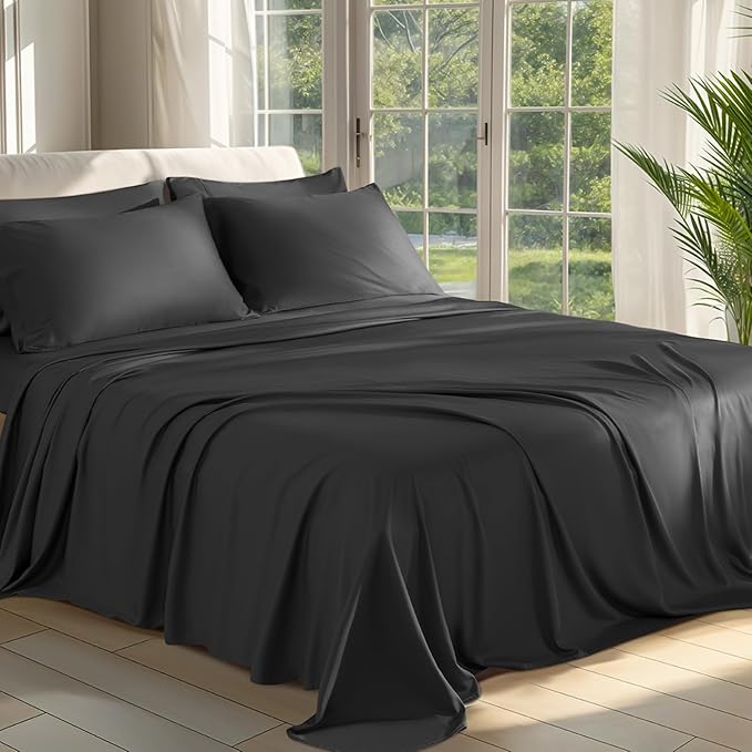 Shilucheng 100% Viscose Derived from Bamboo_ Sheets Queen Size 6pcs - Ultra Cooling & Silky Soft Bed Sheets, 16" Deep Pocket, Perfect for Hot Sleepers, Hotel Bedding Sheets (Black)