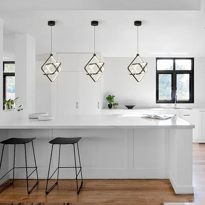 Modern LED Pendant Lights Plated Black Rectangular Pendant Light Fixtures 4000K 35W Dimmable Pendant Lighting for Dining Room Kitchen Island Bedroom Living Room Foyer（3-Ring）
