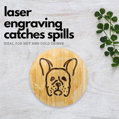 Set of 6 Bamboo Laser-Engraved Fun Dog Coasters with Iron Holder - Gift Packaging 3.9 Inch Non-Stick Absorbent Durable and Unbreakable Wooden Cup Coasters for Dog Lovers (French Bulldog)