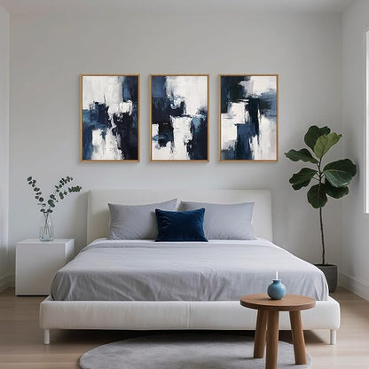 HLNIUC Navy Blue Abstract Wall Art Set of 3, Gray White Modern Neutral Art Decor(16x24), Minimalist Brush Strokes Wall Painting, Dark Geometric Textured Canvas Prints for Living Room, Bedroom, Office
