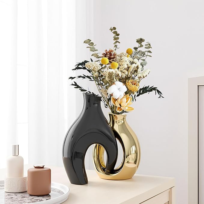 Black Gold Modern Abstract Ceramic Vases for Home Decor,Nordic Snuggle Hollow Design for Flowers Pampas Grass Decorative,for Living Room Coffee Table Centerpiece,Entrance,Console (Black)
